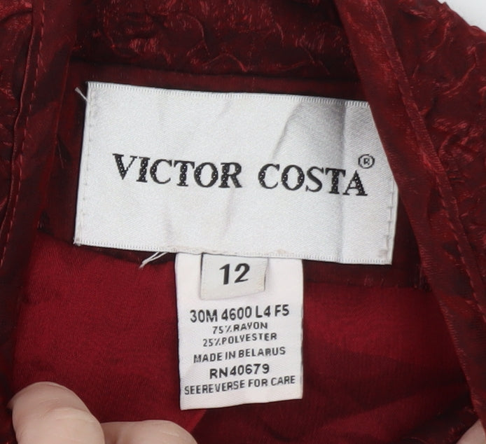 Victor Costa Women’s Red Textured Velvet Jacket Size 12 Classic Zip Front