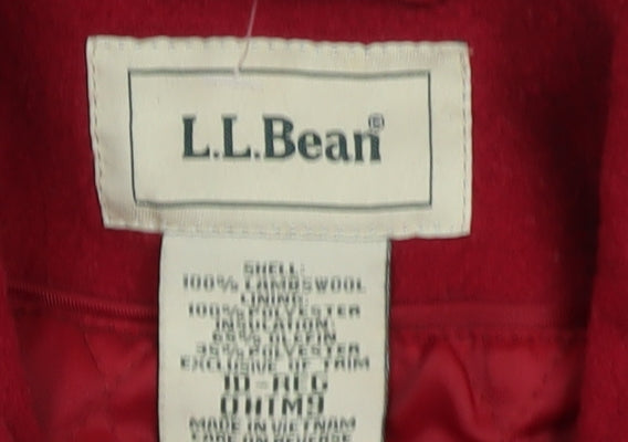Brand and care label for L.L.Bean women’s red wool pea coat mid-length jacket, size M