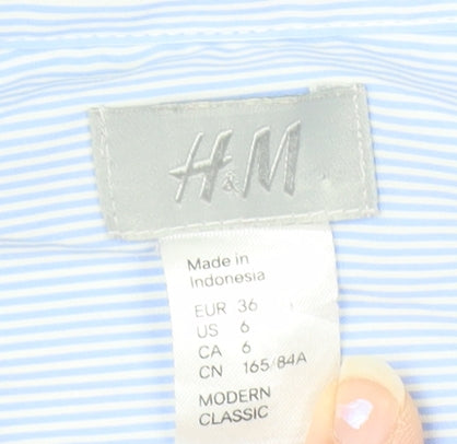 H&M Women Blue Striped Collared Button-Up Short Sleeve Shirt Size 8