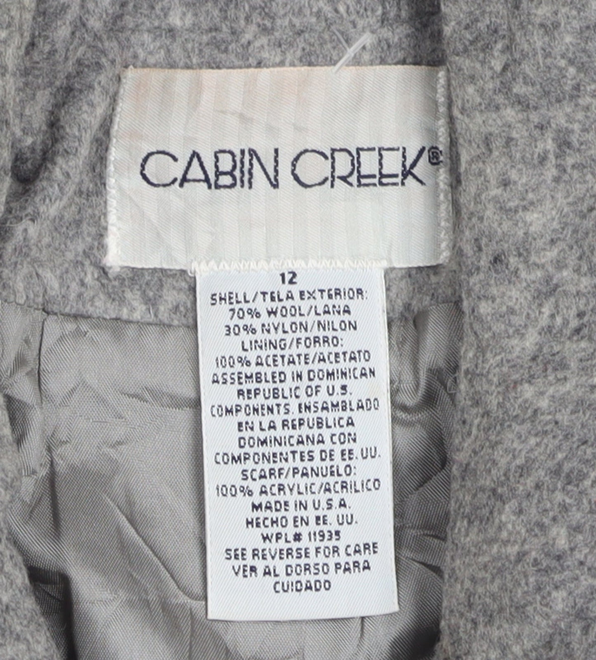 Cabin Creek Women's Grey Wool Blend Mid-Length Coat Size 12 Button Front