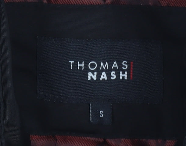 Brand and care label for Thomas Nash Men's Black Parka Jacket, size S, Water Resistant