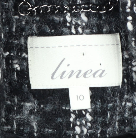 Brand and care label for Linea Women's Black Check Wool Blend Mid-Length Coat, size 10