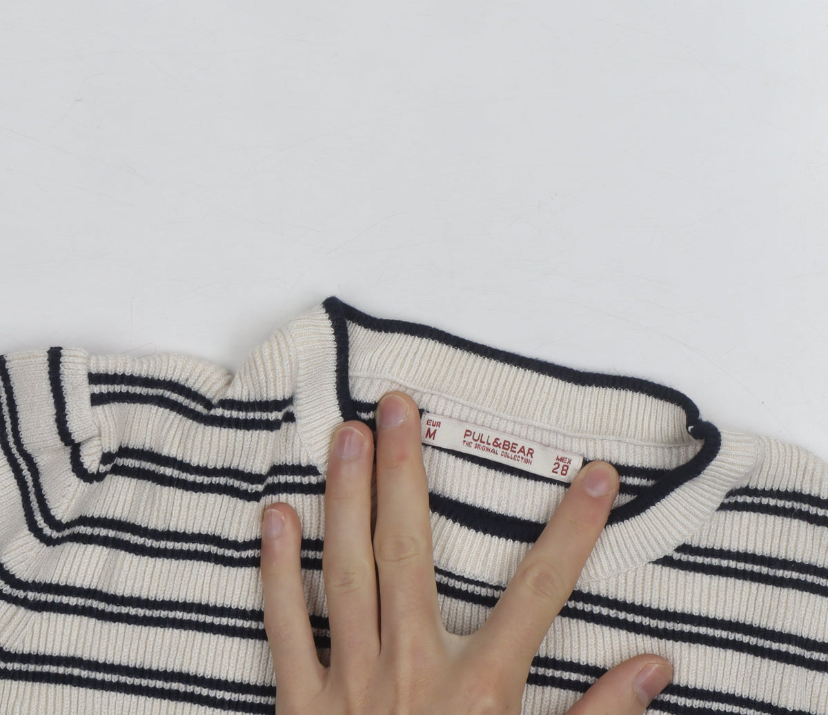 Pull&Bear Womens Ivory Black Striped Crew Neck Knit Jumper Size M