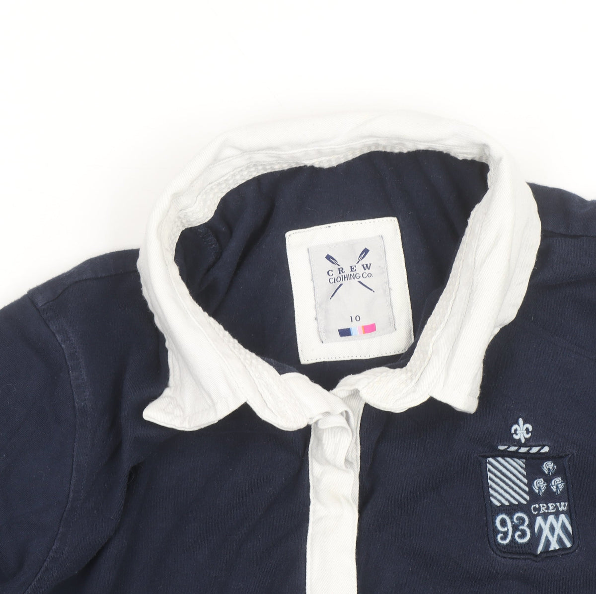 Additional view of Crew Clothing women’s blue collared long sleeve polo shirt, size UK 10