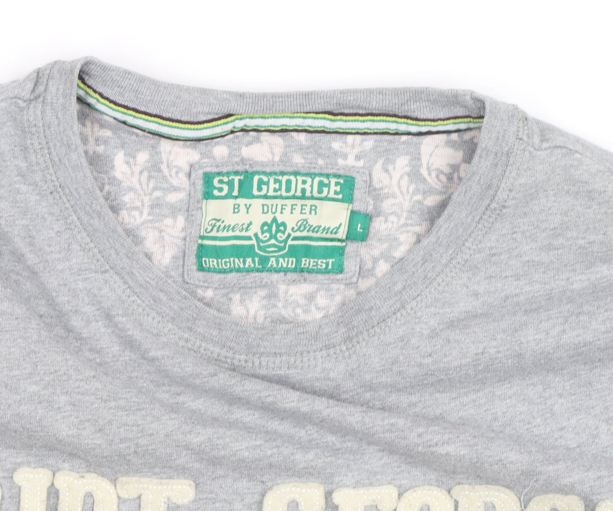 Brand and care label for St George By Duffer Men's Grey Graphic T-Shirt, size L