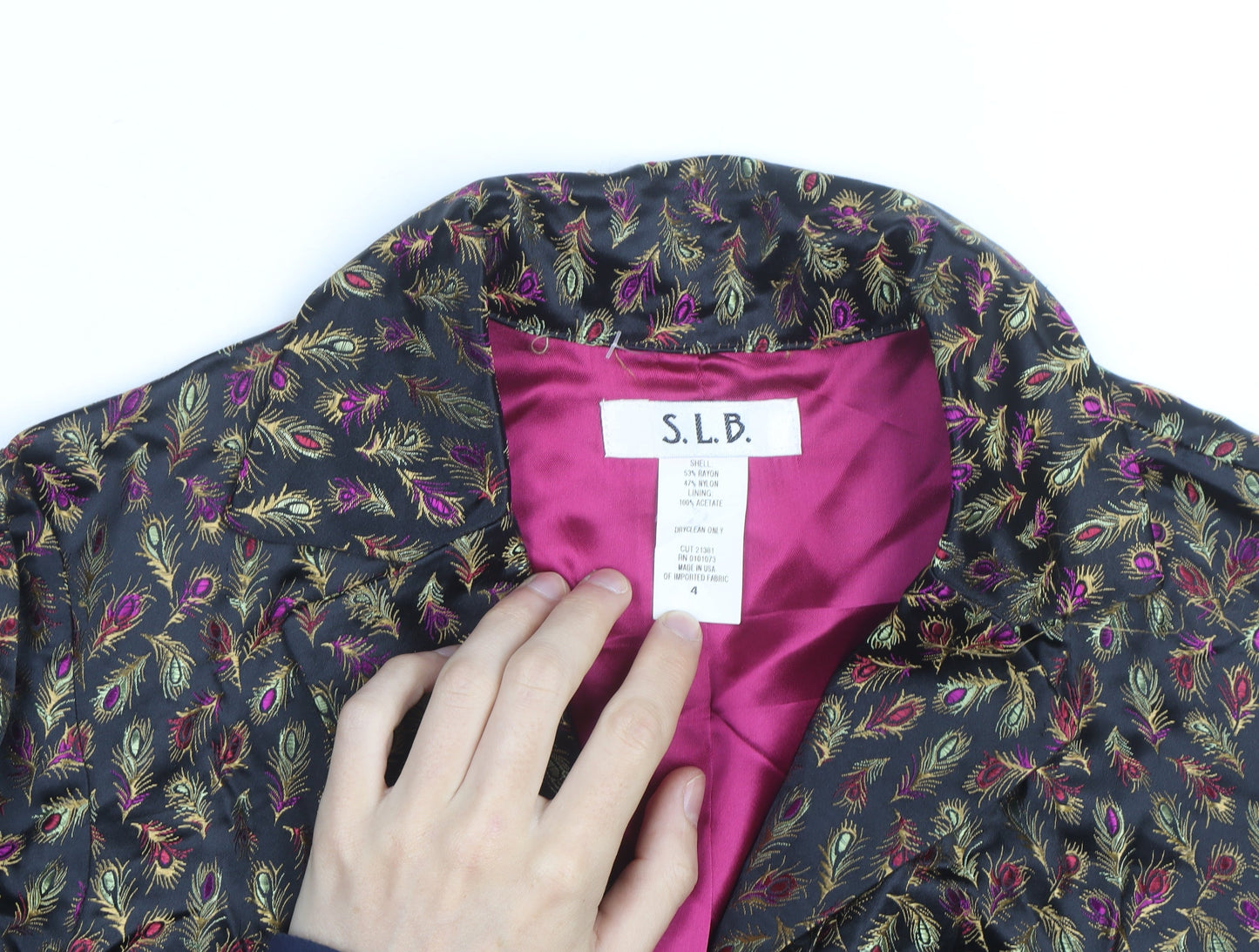 S.L.B. Womens Black Multicoloured Blazer Jacket Size 14 Feather Print
