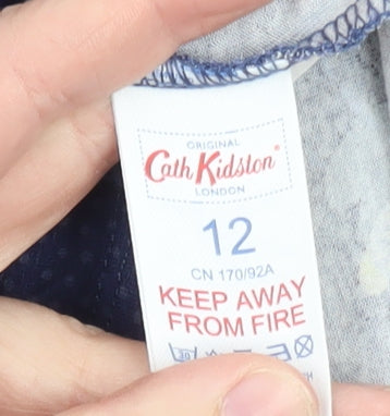 Brand and care label for Cath Kidston women’s blue floral a-line jersey dress, size UK 12