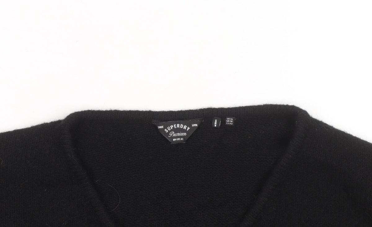 Superdry Women Black V-Neck Wool Blend Jumper Size 14