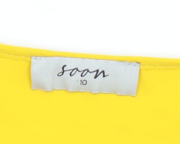 Brand and care label for Soon Women's Yellow Puff Sleeve Tunic Blouse, size 10