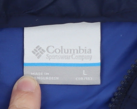 Brand and care label for Columbia boys’ blue windbreaker hooded lightweight jacket l 14-15 years