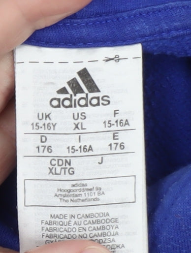 Brand and care label for Adidas boys’ blue & navy hoodie 15-16 years pullover fleece sweatshirt