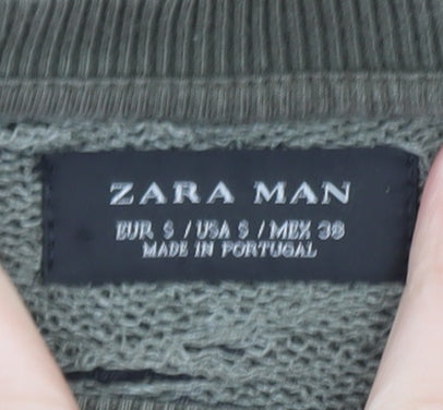 Brand and care label for Zara Man Green Camouflage Crew Neck Pullover Sweatshirt, size S