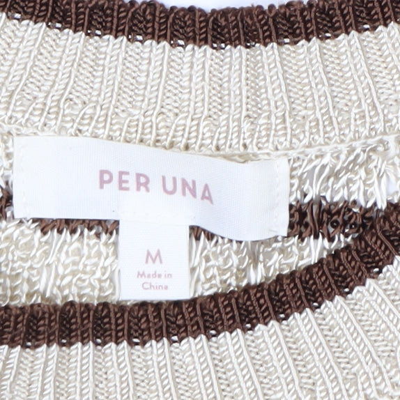 Marks & Spencer Per Una Women's Beige Striped 3/4 Sleeve Knit Jumper M