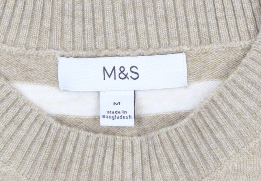 Marks & Spencer Men's Beige Striped Crew Neck Jumper Size M
