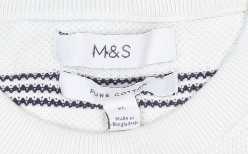 Marks & Spencer Men's White Striped Cotton Crew Neck Jumper XL