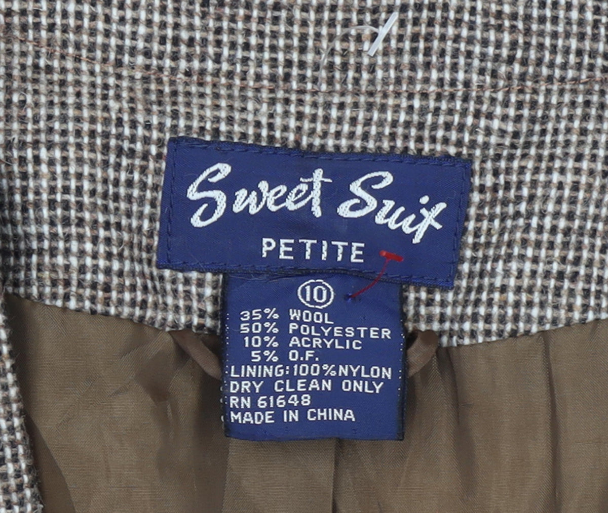 Brand and care label for Sweet Suit Petite Brown Checked Wool Blend Single-Breasted Blazer, size 10