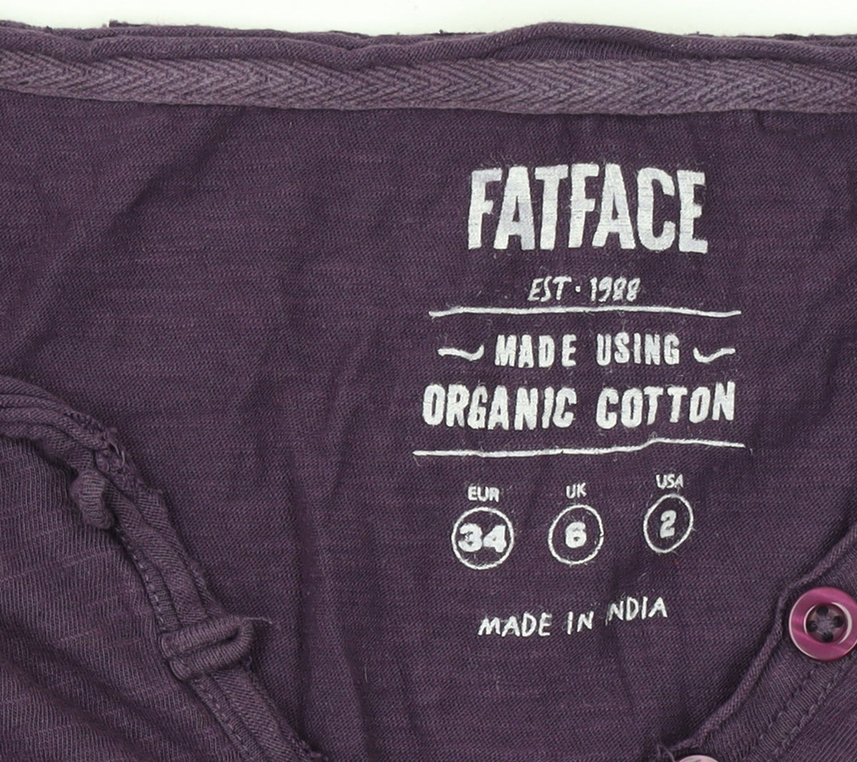 FatFace Women’s Purple 3/4 Sleeve Organic Cotton Henley T-Shirt UK 6