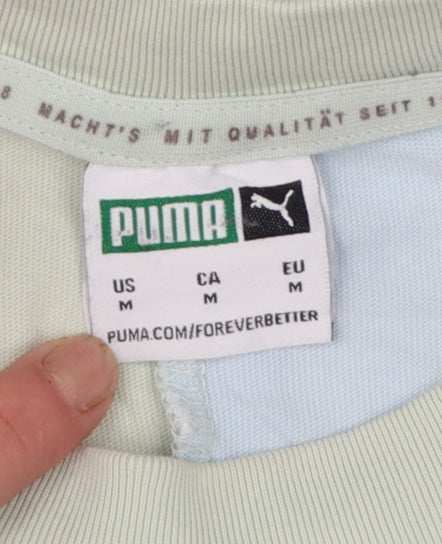 Brand and care label for Puma Men's Blue Green Colourblock Crew Neck Cotton T-Shirt, size M