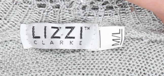 Lizzi Clarke Women’s Silver Cardigan M/L Sequin Open Knit Long Sleeve