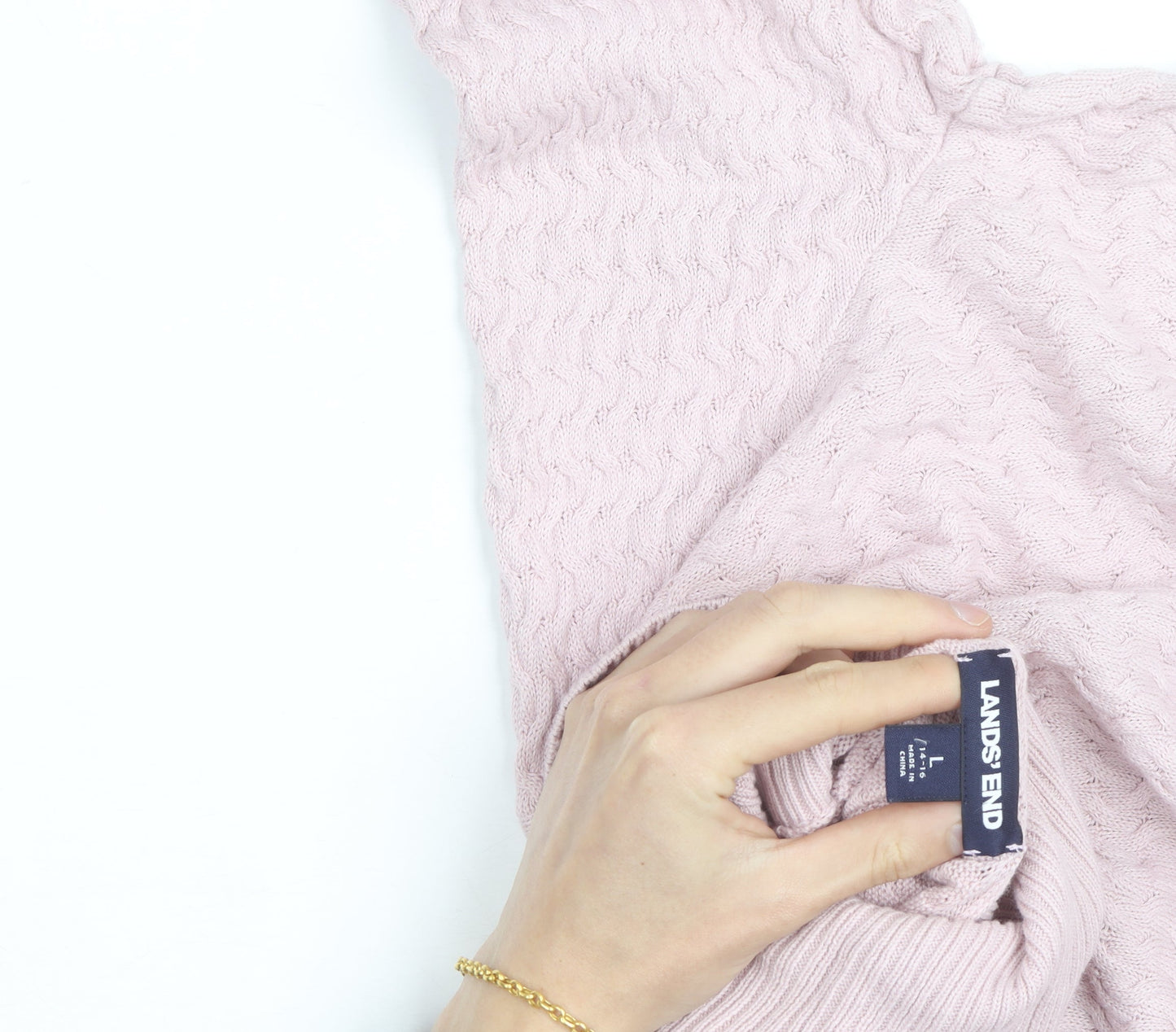 Lands' End Women's Pink Cotton Cable-Knit Roll Neck Jumper Size L