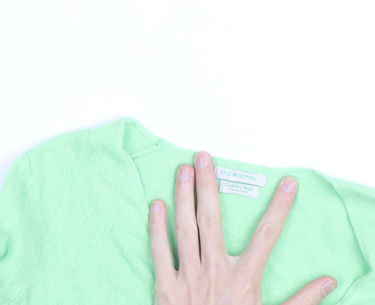 Stile Benetton Mens Green Wool Cashmere V-Neck Jumper Size S