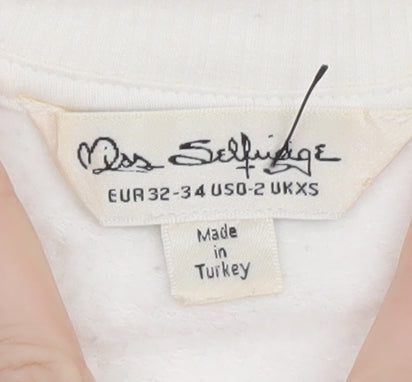 Brand and care label for Miss Selfridge Women White Newport Print Pullover Sweatshirt XS