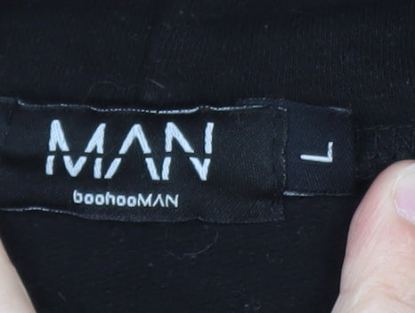 Brand and care label for boohooMAN Men's Black Pullover Hoodie L Regular Fit Graphic Logo