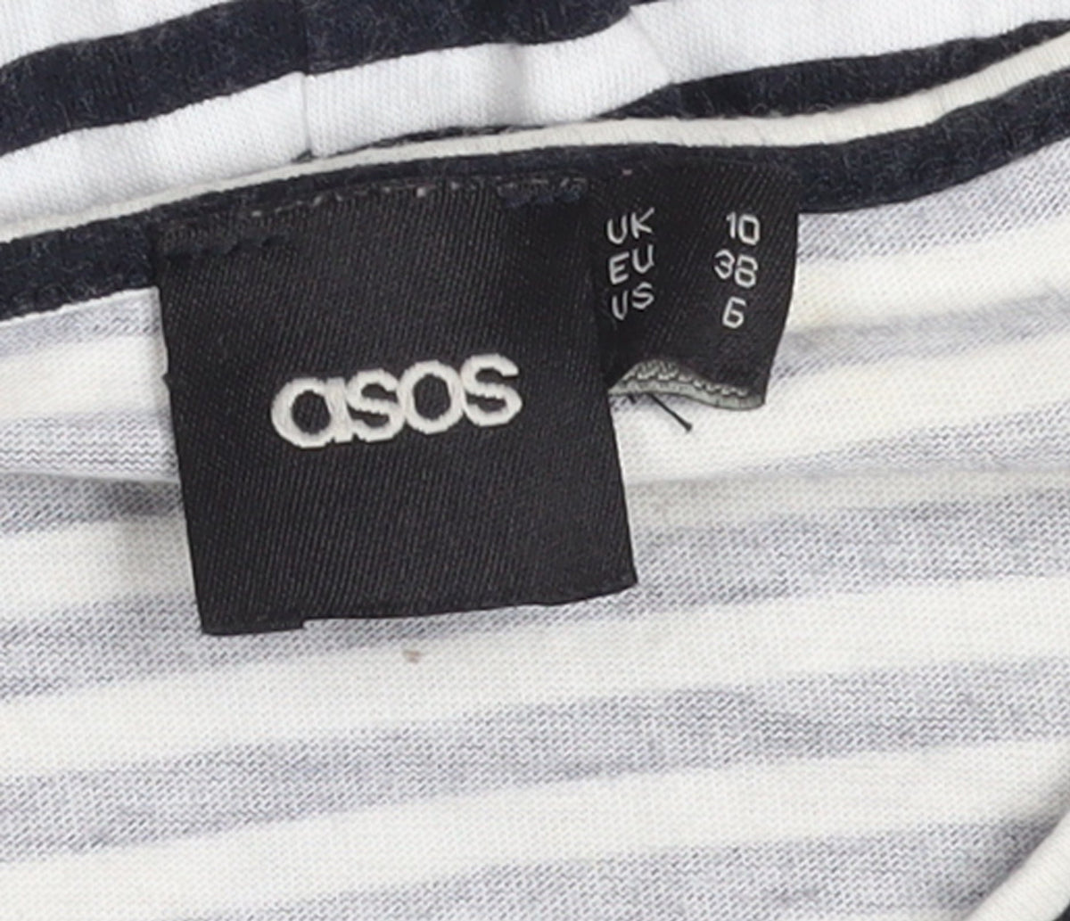 Brand and care label for ASOS Women's Black White Striped Drop Waist Jersey Dress, size 10