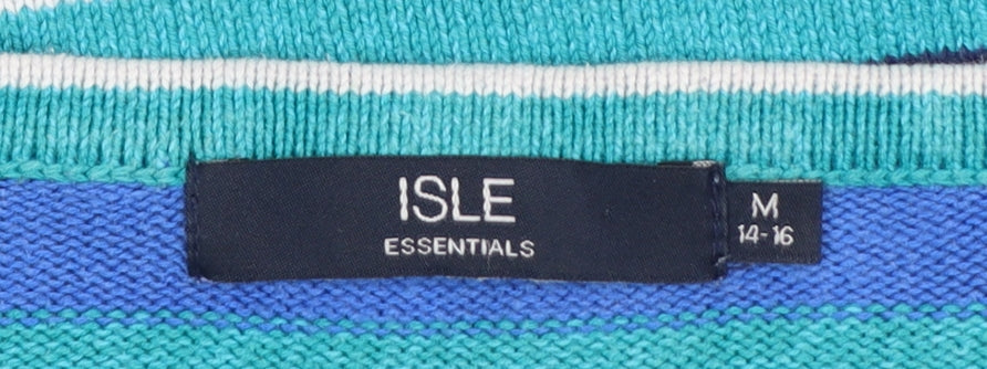 Isle Essentials Women Blue Striped V-Neck Long Sleeve Pullover Jumper Size 14-16
