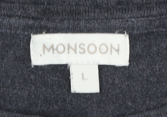 Monsoon Women Grey L Shift Dress 3/4 Sleeve Embroidered Knit