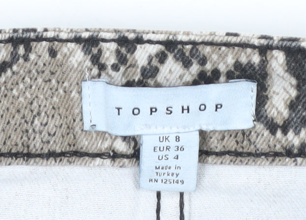 Topshop Womens Beige Snake Print Mini Skirt UK 8 Cotton Denim