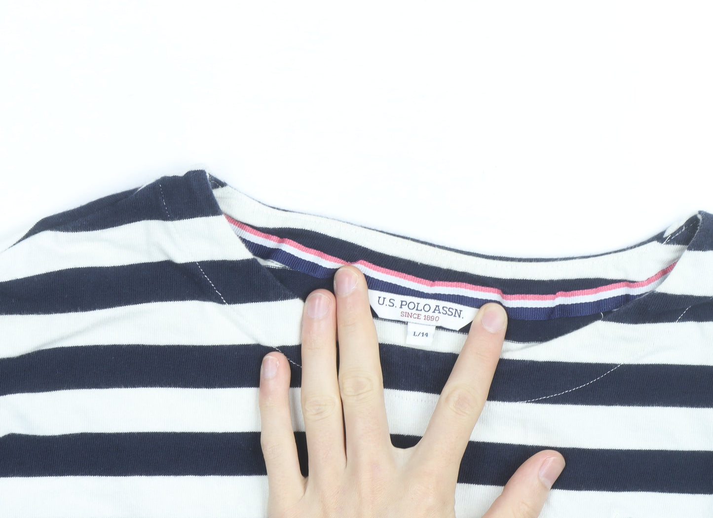 U.S. Polo Assn. Womens Blue White Striped 3/4 Sleeve Cotton T-Shirt Size 14