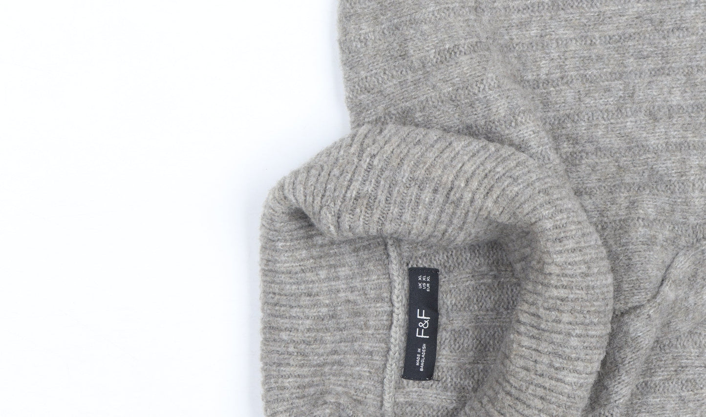 F&F Womens Grey Roll Neck Cable-Knit Wool Blend Sleeveless Jumper XL