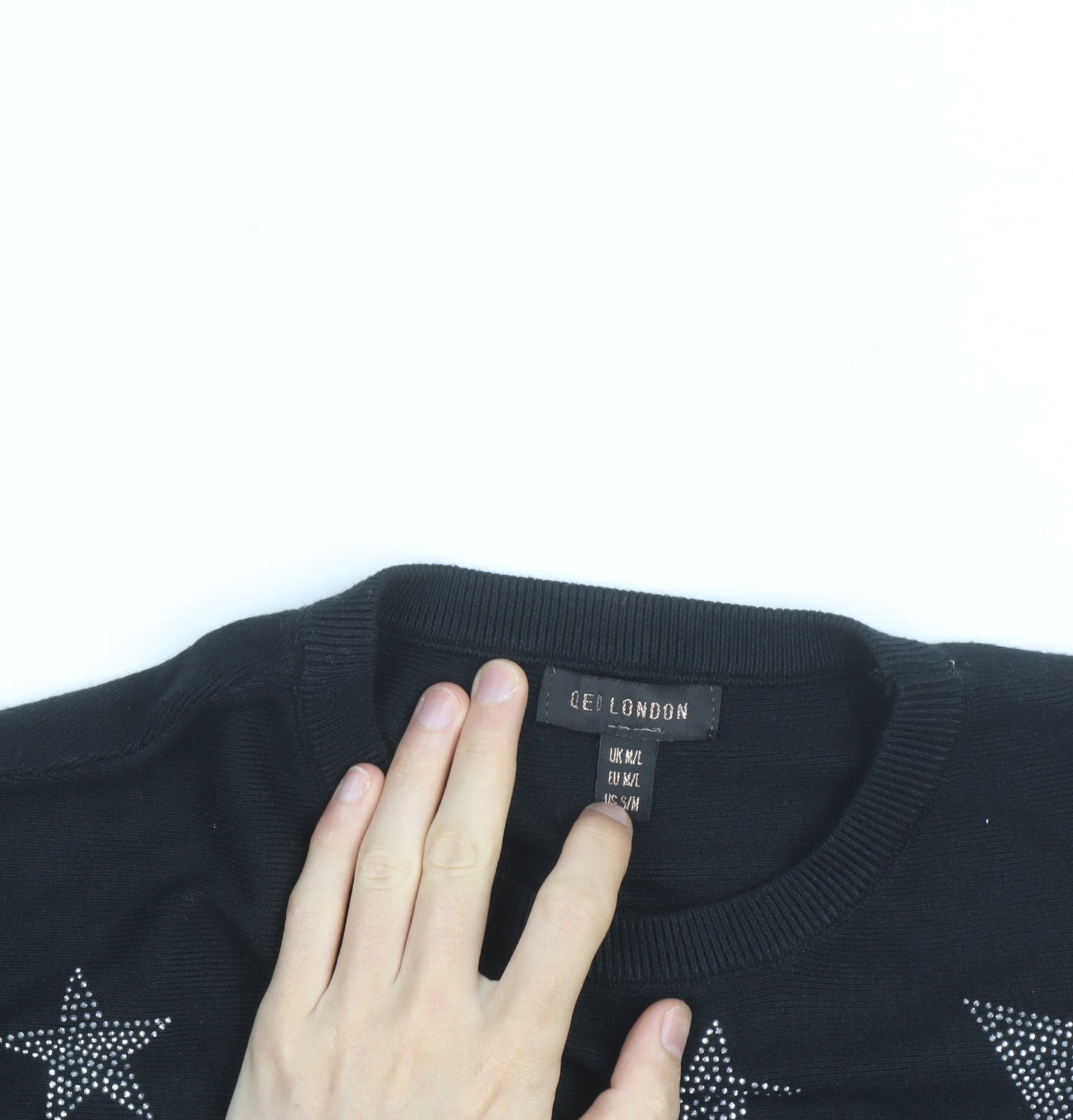 QED London Womens Black L Jumper Star Embellished Batwing Knit Top