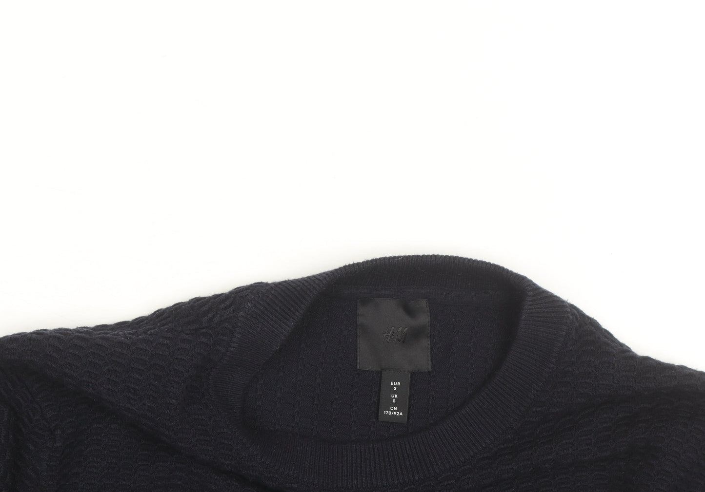 H&M Men's Black Waffle Knit Cotton Blend Crew Neck Jumper Size S
