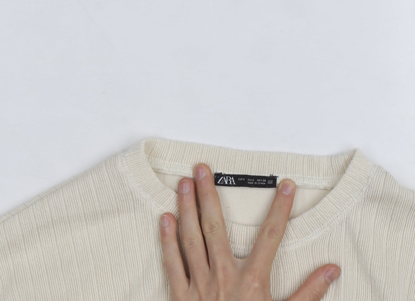 Zara Women Ivory Crew Neck Ribbed Knit Pullover Jumper Size 8