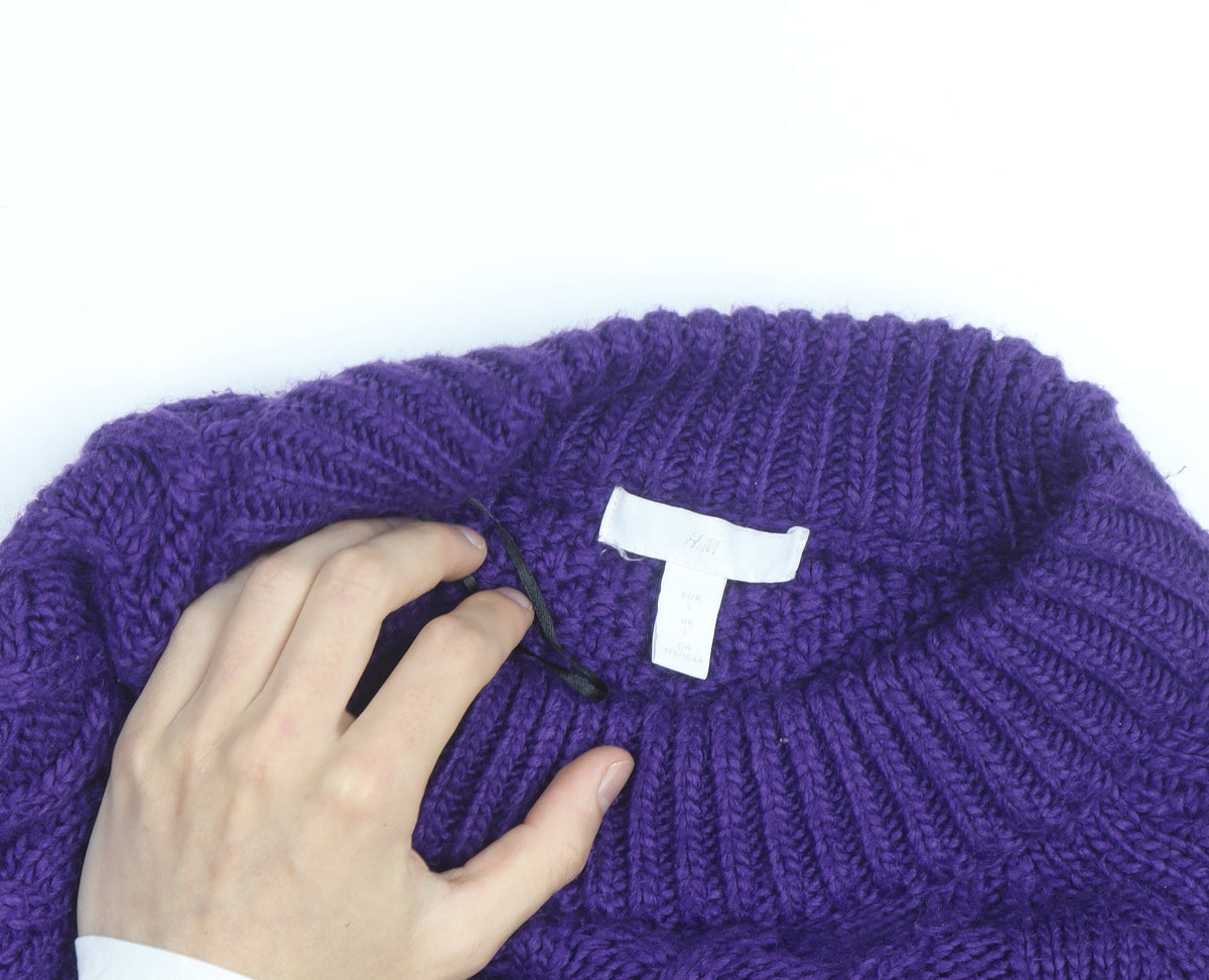 H&M Women Purple Cable-Knit Jumper L Chunky Knit Wool Blend