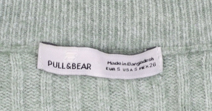 Pull & Bear Women Green Ribbed Button Up V-Neck Cardigan Size S