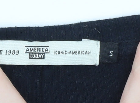 America Today Womens Black Cropped Long Sleeve Contrast Stitch T-Shirt S