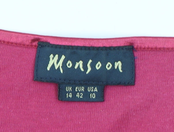Monsoon Women Pink V-Neck Long Sleeve Cotton Basic Top Size 14