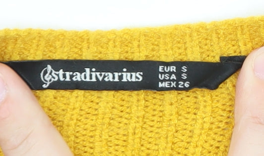 Stradivarius Women Yellow V-Neck Ribbed Knit Jumper Size 8