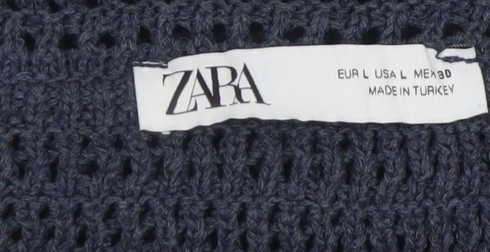 Zara Women Navy Blue Crochet Cardigan L Long Sleeve Button Knit