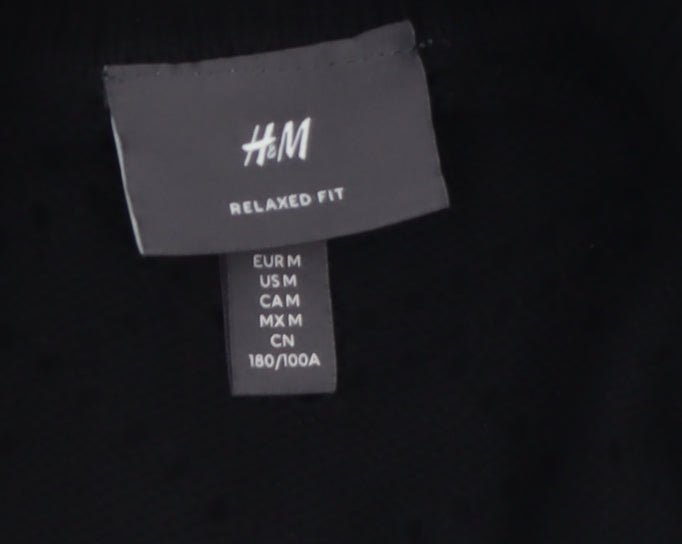 H&M Men's Black Relaxed Fit Cotton Short Sleeve Henley Jumper M