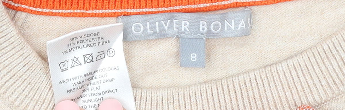 Oliver Bonas Womens Beige Crew Neck Knit Jumper Size 8
