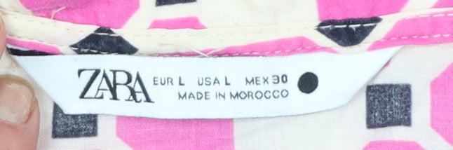 ZARA Women Pink Geometric Smock Dress Size 14 3/4 Sleeve V-Neck