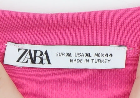 Zara Women Pink Relaxed Fit Cotton Crew Neck T-Shirt Size 14