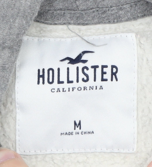 Hollister Men Grey Full Zip Fleece Hoodie M Embroidered Logo