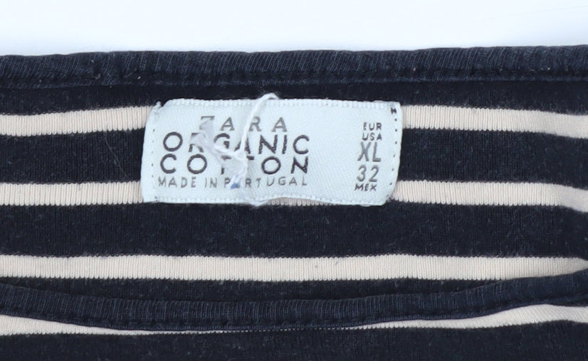 ZARA Women Black Striped Organic Cotton 3/4 Sleeve T-Shirt XL