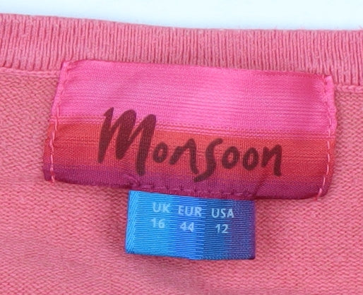 Monsoon Women Pink 16 V-Neck Cardigan Knit 3/4 Sleeve