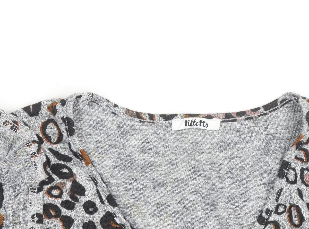 Tilletts Women Grey Animal Print Ruffle Long Sleeve Top Size S